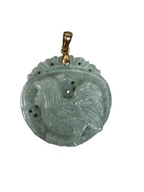Natural Carved Jade Rooster Pendant 18K Gold Bail Round Green 1" Prosperity Cour